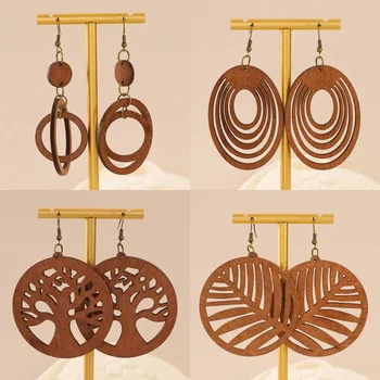 Vintage Fashion Wooden Drop Earrings For Women Jewelry 2025 Trending New Women's Life Tree Leaf Circle Earrings Accessories Gift