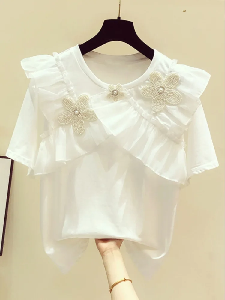 

Summer Ruffled Stitching T-Shirt Women's 2024 High-Quality French Style Retro Three-Dimensional Flower Beaded Short-Sleeved Top
