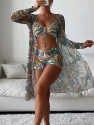 Tropical High Waist Bikinis 2023 Sexy 3Piece Bikini Set Cover Up Swimsuit for Women Long Sleeve Swimwear Beach Wear Bathing Suit