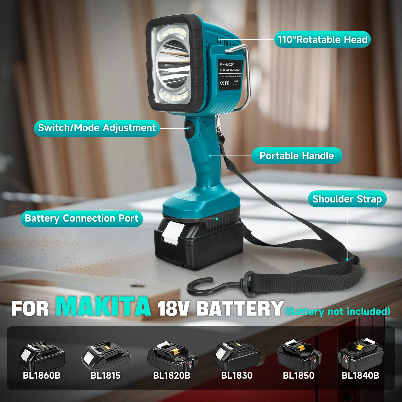 Cordless LED Work Light for Makita 18V Battery 16.2W 1250 Lumens Emergency Flash