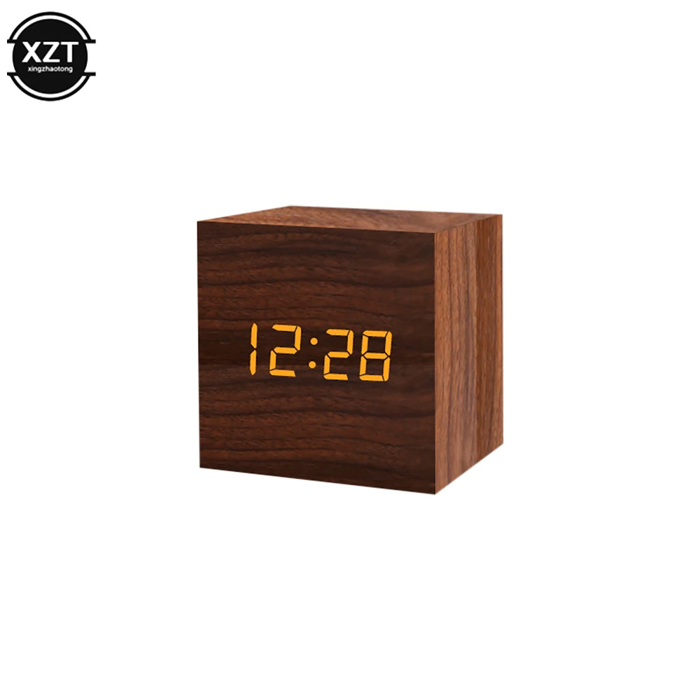 Sleek LED Wooden Alarm Clock with Voice Control and Dual Power Options