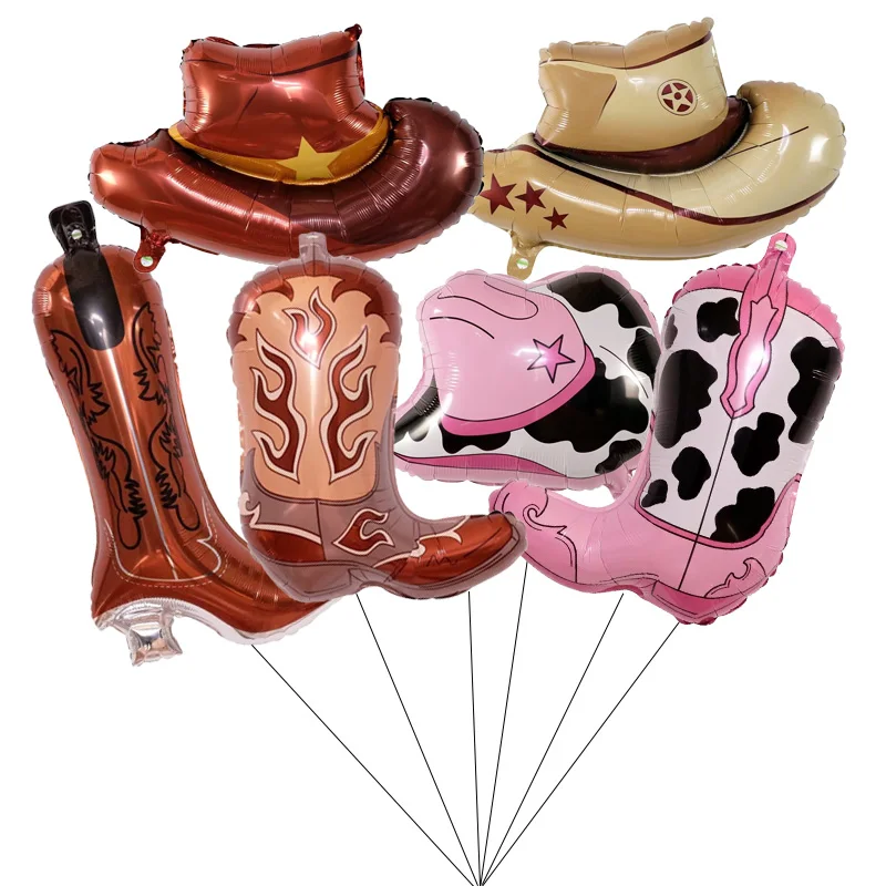6 stücke Western Cowboy Themen Party Folie Helium Ballon Boot Form Ballons Hut Western Pferderennen Themen Geburtstag Kuh Luft globos