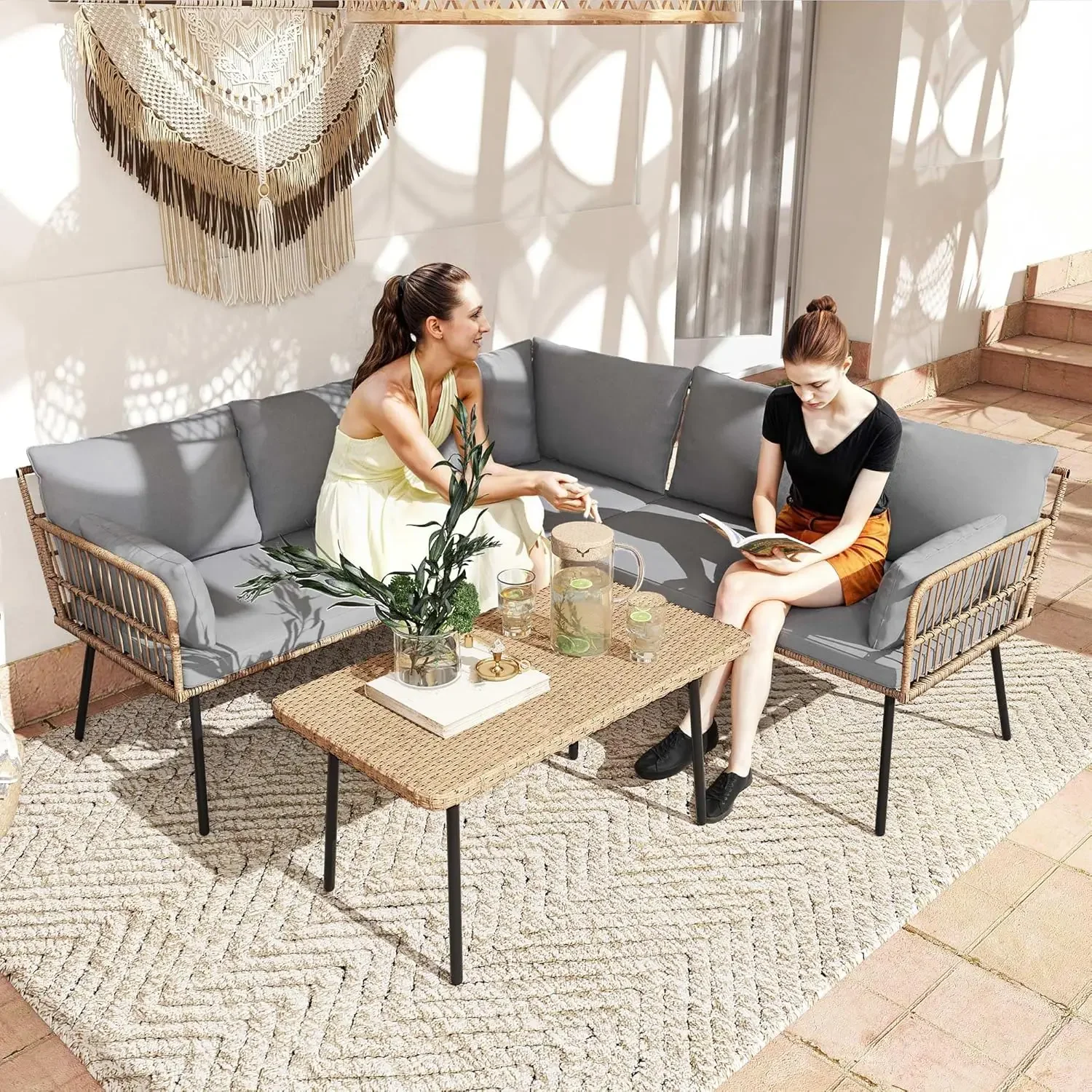 NEW-4-Piece Outdoor Sectional Sofa Set, All-Weather Wicker L-Shaped 5-Seater Patio Furniture with Removable Cushions & Side Tabl