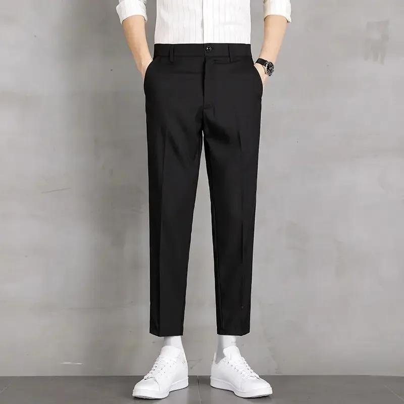thumbnail image 1 of Pantalones de oficina rectos y elásticos de 9 pulgadas recortados para hombre, pantalones de trabajo para hombre, pantalones de traje elásticos con trenzas, ajustados, baratos, para vestir, informales, 1 of 5