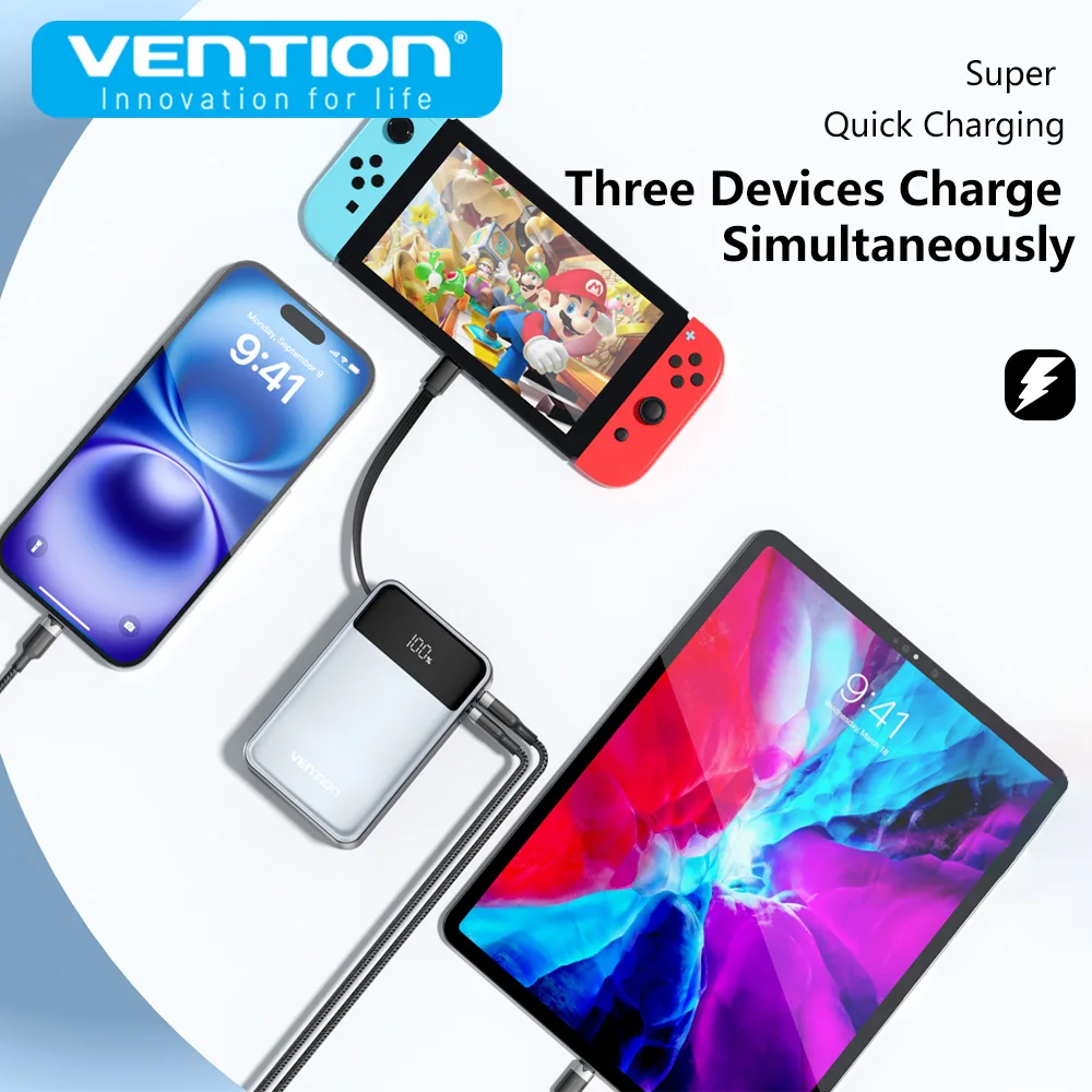 Vention Power Bank 20000mAh 65W PD Fast Charger with Built-in Type-C Cable External Spare Battery Portable Power Bank for Laptop 6