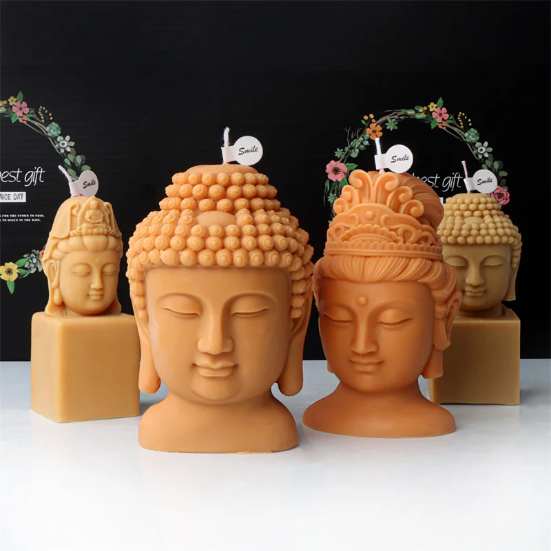 Buddha Head Silicone Mold Handmade Avalokitesvara Buddha Head with Base Gypsum Resin Mould DIY Chocolate Ice Cube Baking Mould