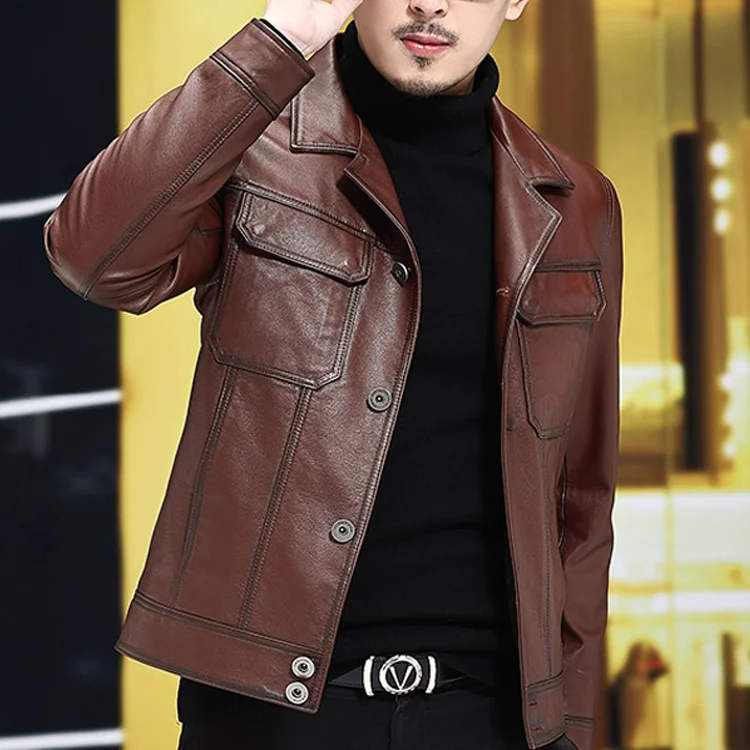 2024 Spring Autumn Men's Fashion Real Sheepskin Short Coats Male Lapel Solid Color Jackets Men Genuine Leather Overcoats M130