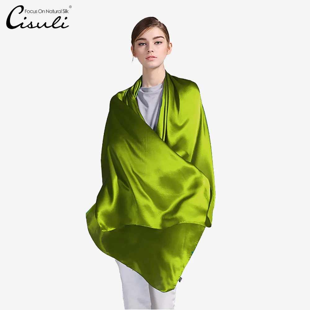 

100% шелк тутового шелкопряда атласный шарф из чистого шелка Женская длинная шаль 55 х180 см однотонный желтый зеленый 46