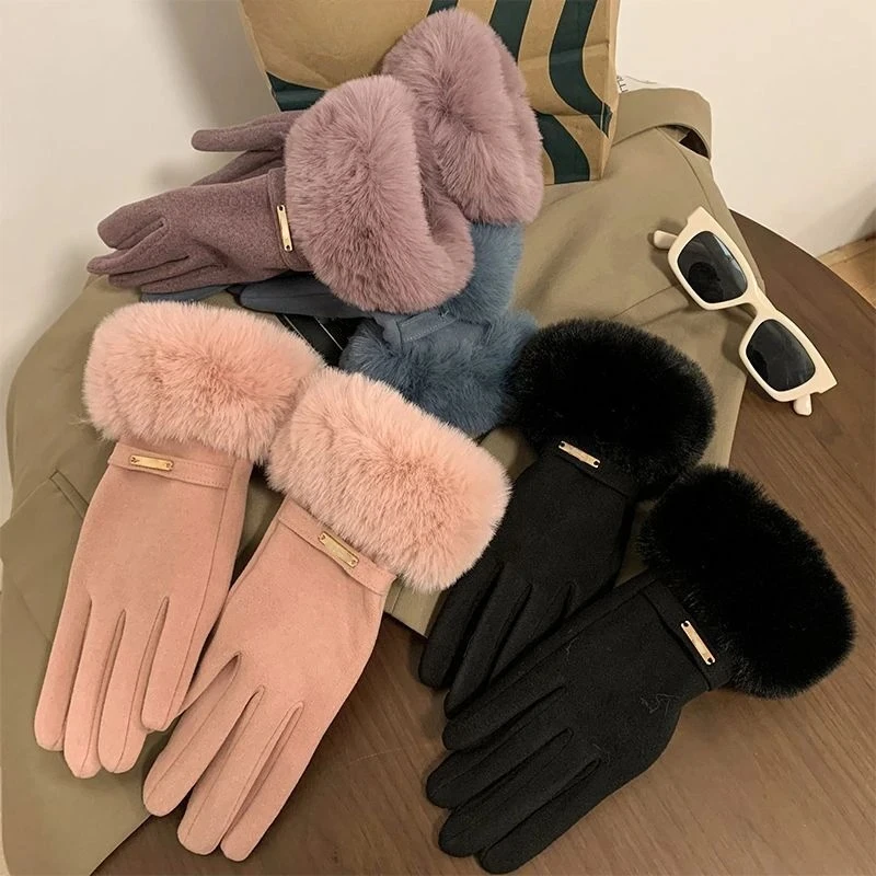 Fashion Women Gloves Autumn Winter Cute Furry Warm Mitts Full Finger Mittens Female Outdoor Sport Cycling Gloves knitted velvet soft wrist gloves for women winter thickened warm ins cute student solid cycling wool touchscreen mittens female