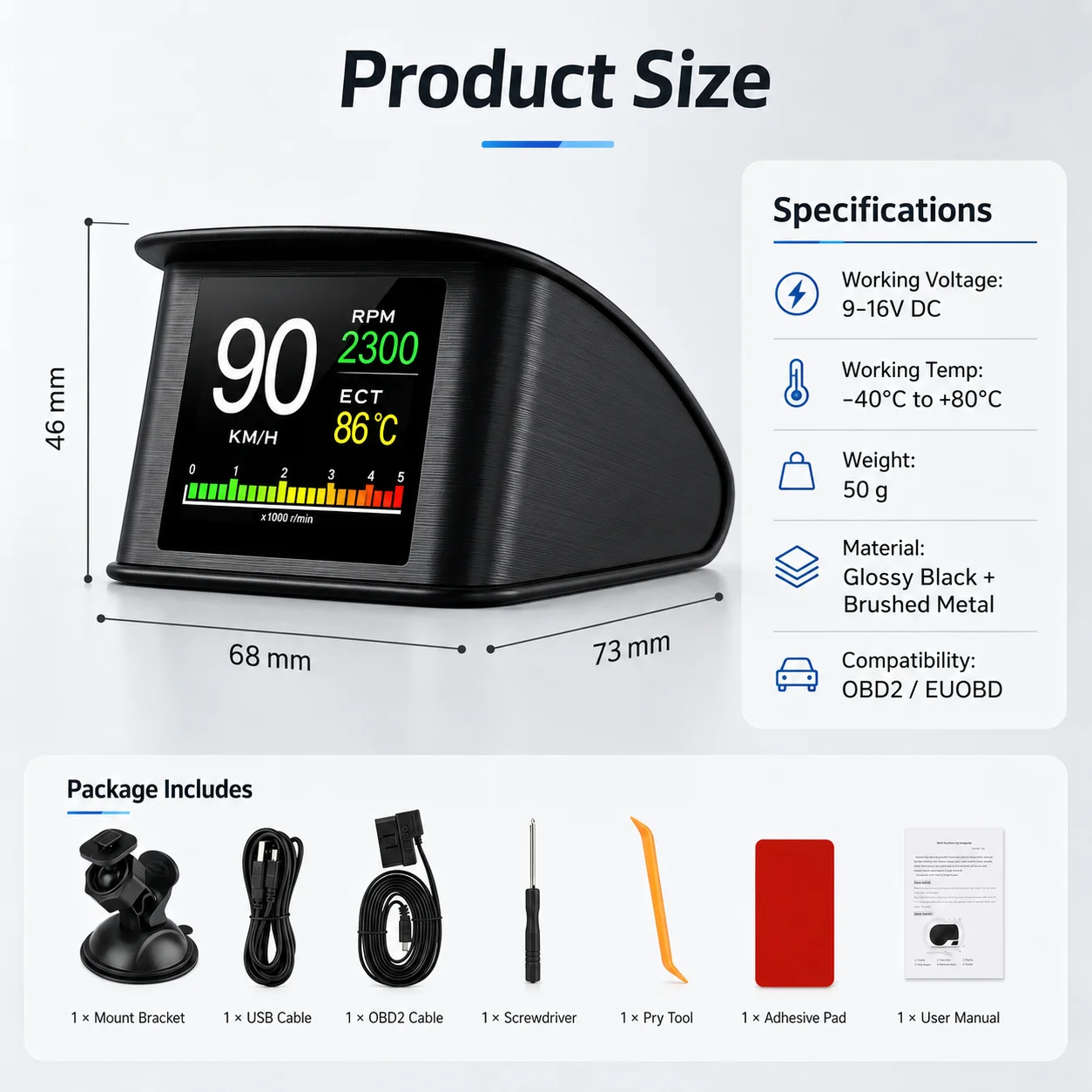 AD P10 OBD2 스마트 미터 디지털 HUD 헤드업 디스플레이 자동차 속도계 온도 RPM 마일리지 게이지 HUD 자동차 진단 도구