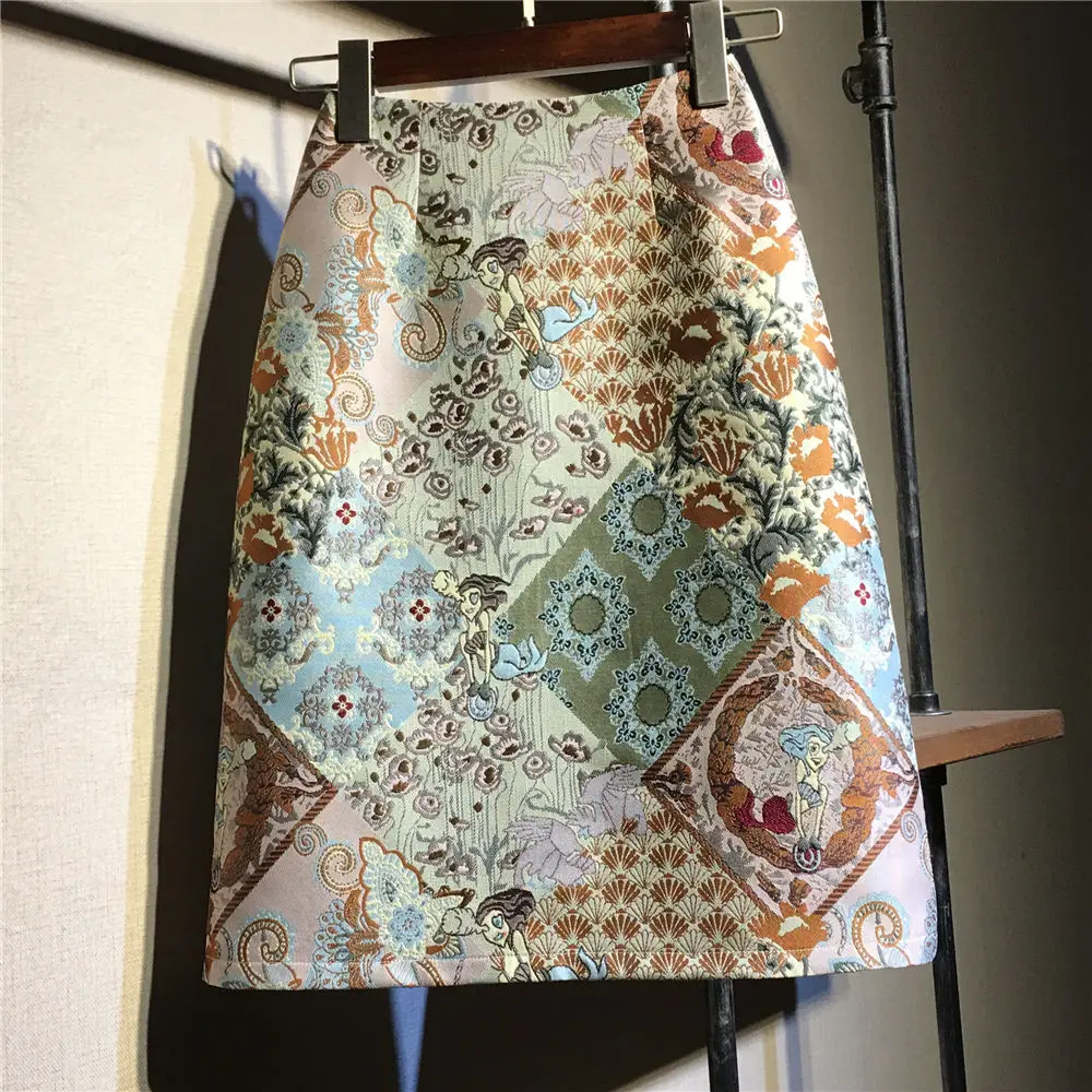 Embroidered skirt  2023 design  A-line skirt with high waist one step middle length retro hip skirt  korean fashion clothing womens new genuine leather skirt sheepskin sequins embroidered fashion vintage korean elegant high waist casual a line skirt