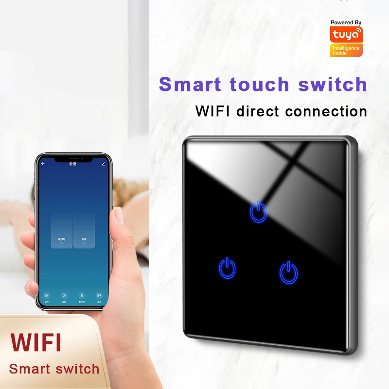 

KaiJ Wireless TUYA Smart Home WIFI Smart Alexia 3 Gang Voice Tempered Glass Panel Wall Light Switch