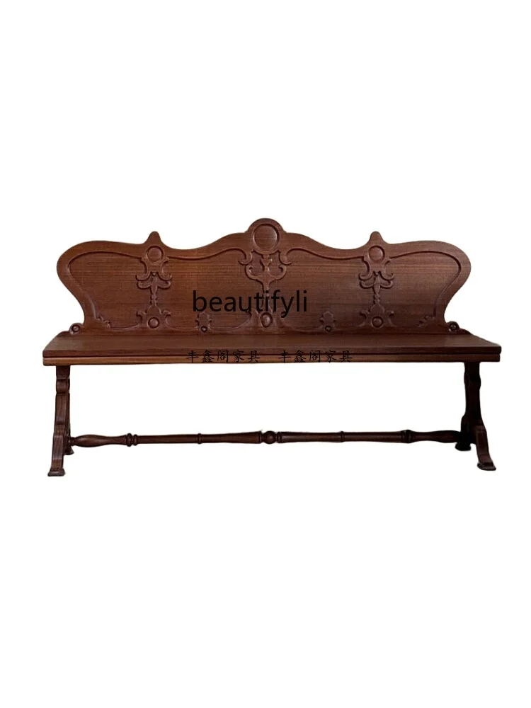 

Simple European Carved Solid Wood Bench Retro Living Room Double Sofa Mid-Ancient Casual Shoes Bed End Stool