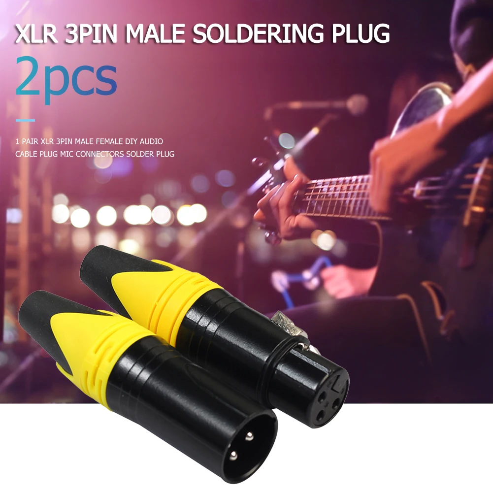 XLR 수컷 암컷 DIY 오디오 케이블 커넥터, 납땜 플러그 (노란색), 1 쌍, 3 핀