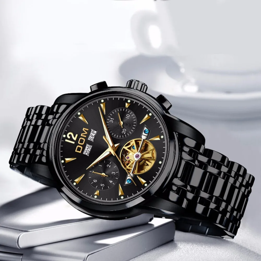 DOM Men Mechanical Watch Fashion Design SkeletonLuminous Hands Transparent Steel Bracelet For Men Top Luxury Brand M-75BK