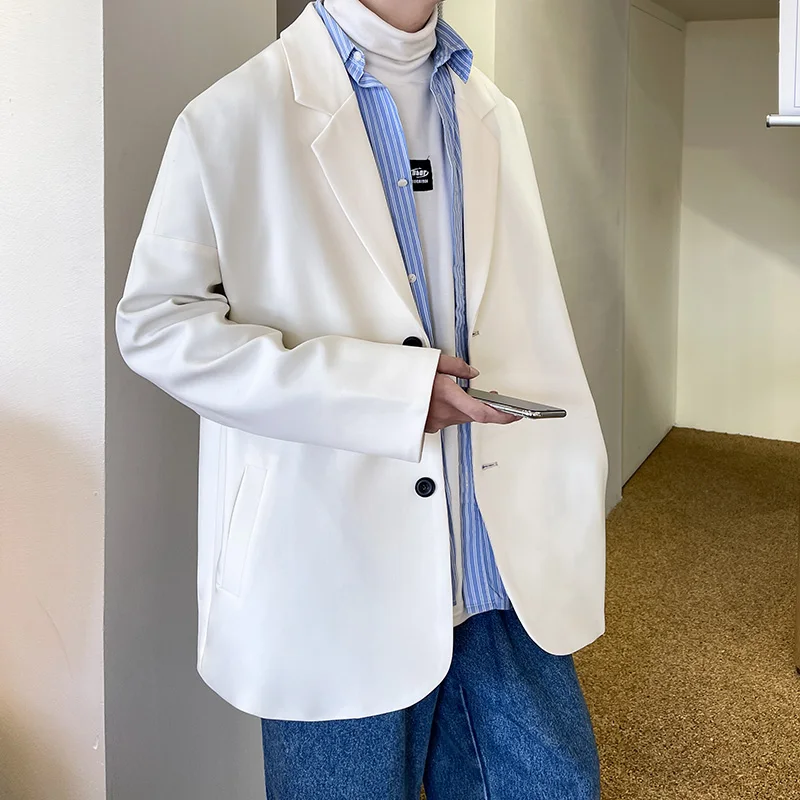

Harajuku Luxury Suit Coat Men's Fit Pocket Oversized Casual Loose Jackets Korean Trendy Solid Color Male Western Clothing Trench