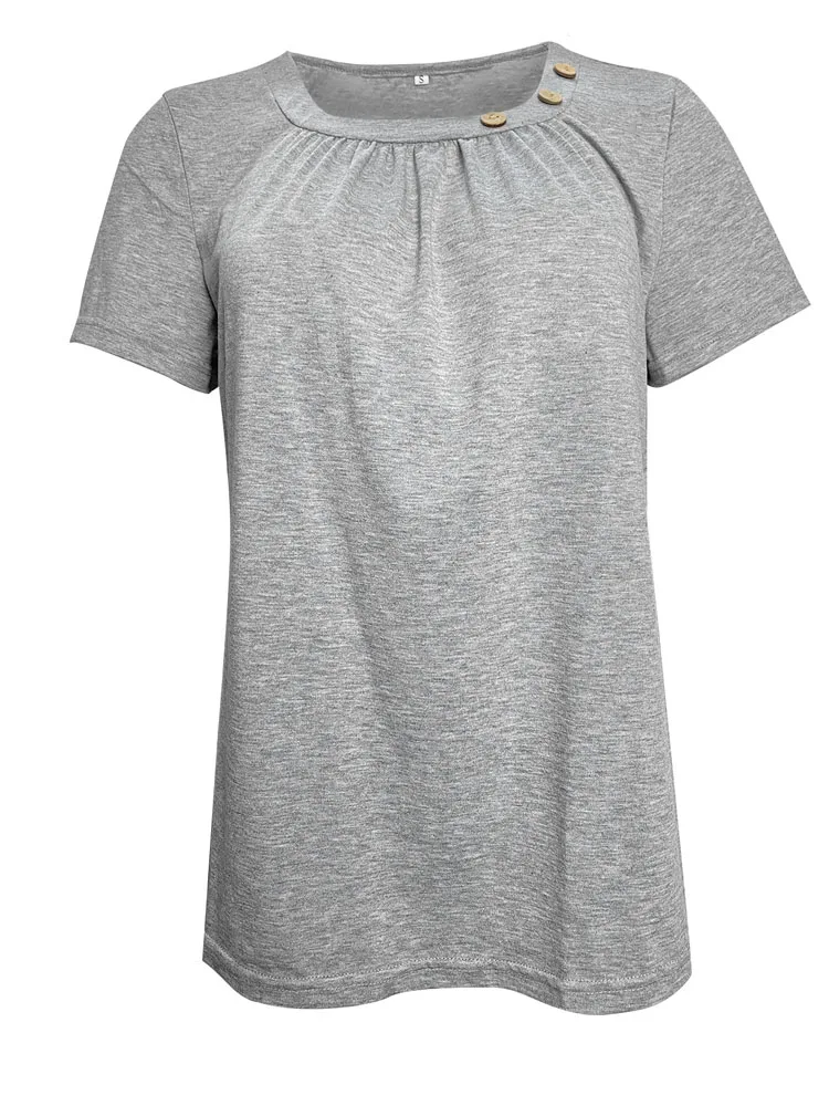 Summer Women Loose Fit Short Sleeve Pleated Tshirt Tops