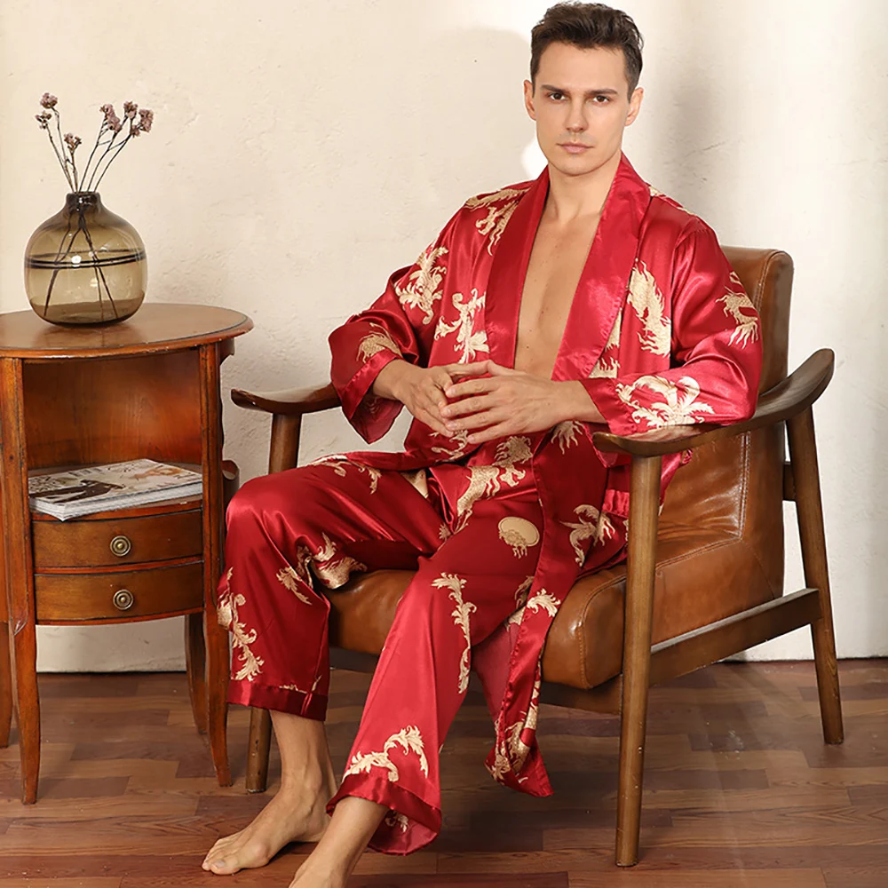 Luxury Dragon Print Men's Kimono Black Satin Long Robe Sets Summer Man Silk Robes + Pajama Pants men pyjamas