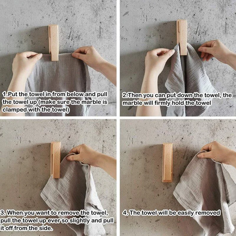 Towel Hook Bathroom Robe Hook Kitchen Rag Storage Rack Punch-free Wooden Clothes Coat Home Accessories