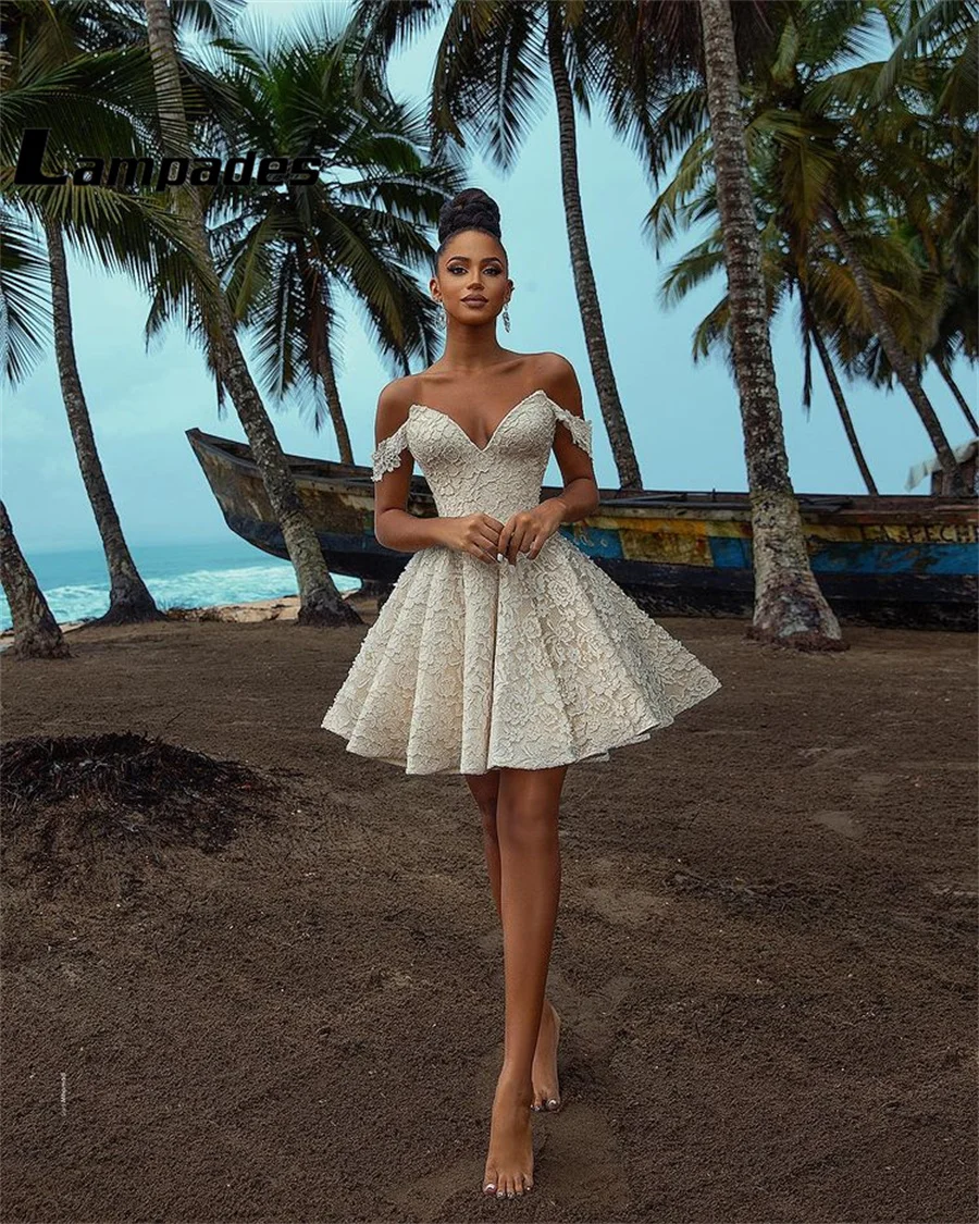 Off the Shoulder Champagne Lace Mini Cocktail Dress Vestidos Para Se&ntilde;oras De 50 A&ntilde;os Elegantes Dress For Wedding Guest evening dresses cocktail dress