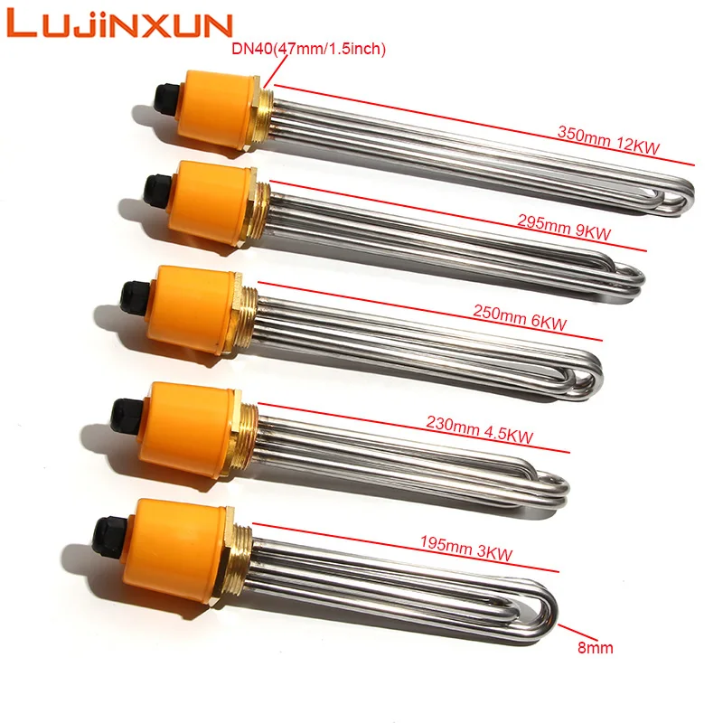 Lujinxun 220V/380V Water Tank DN40/1.5" Heating Elements 3KW/4.5KW/6KW/9KW/12KW Electrical Immersion Heaters 201SS 8mm Tube