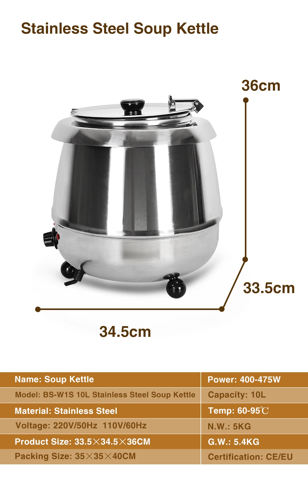 GZZT 10L Stainless Steel Electric Soup Kettle 400-475W 60-95℃ for Soup & Warm Food CE/EU Certified Electric Pot Cooker