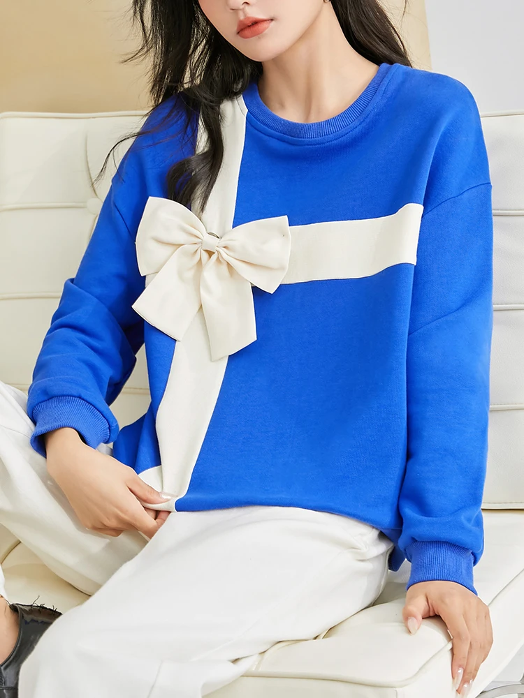 Korean Fashion Blue Women's Puff Long Sleeve Sweatshirts with Bow O-Neck Casual Loose Tunic 2024 Pullover Tops Vintage Jumper