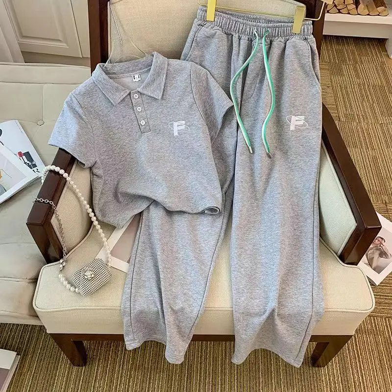

DUOFAN Women Casual Sports Suits Niche Letter Design Short-sleeve Poloshirts and Trousers Two-piece Sets Lady Commute Solid Suit