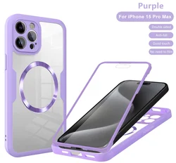 Ultimate 360° Magnetic Double-Sided Phone Case with Screen Protector - Clear Full Protection Cover for iPhone 15 Plus (Purple)