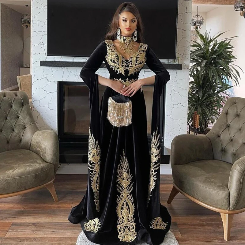 

Black Velour Moroccan Caftan Evening Dress Gold Embroidery Long Sleeve Islamic Dubai Saudi Arabic Abaya Prom Dresses 2024 New