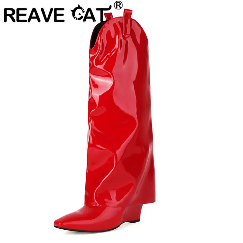 

Женские сапоги с острым носком REAVE CAT, роскошные сапоги в западном стиле на танкетке 8 см, сапоги больших размеров 42 43 44 45 до колена без застежек