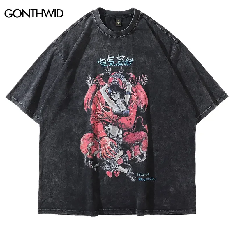 

Distressed Oversize Tshirt Streetwear Vintage Japanese Style Anime Cartoon Print Short Sleeve T-Shirts Hip Hop Casual Cotton Top