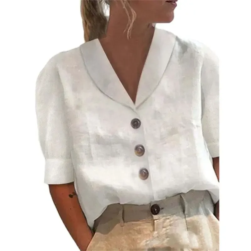Camicia Donna In Cotone E Lino A Maniche Corte - Modello Vintage Con Bottoni, Taglie Forti, Estiva