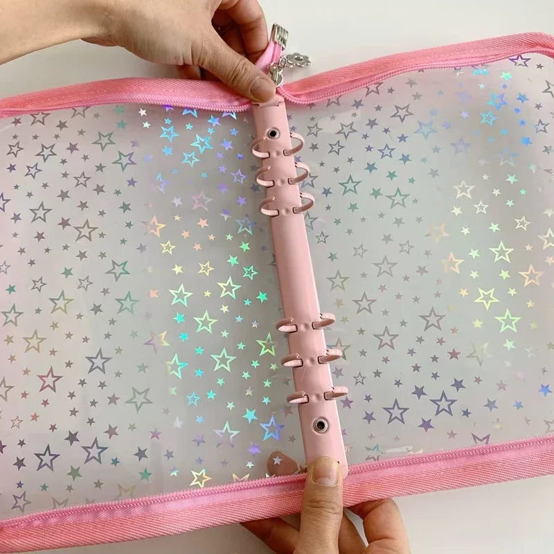 A5 레이저 스타 지퍼 바인더 컬렉션 북 보충용 오거나이저 DIY 다이어리 다..