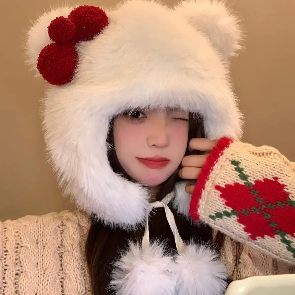 Kawaii Hello Kitty Korean Sweet Bow Plush Bomber Cap Winter Women Keep Warm Windproof Ear Protection Cute Christmas Gift