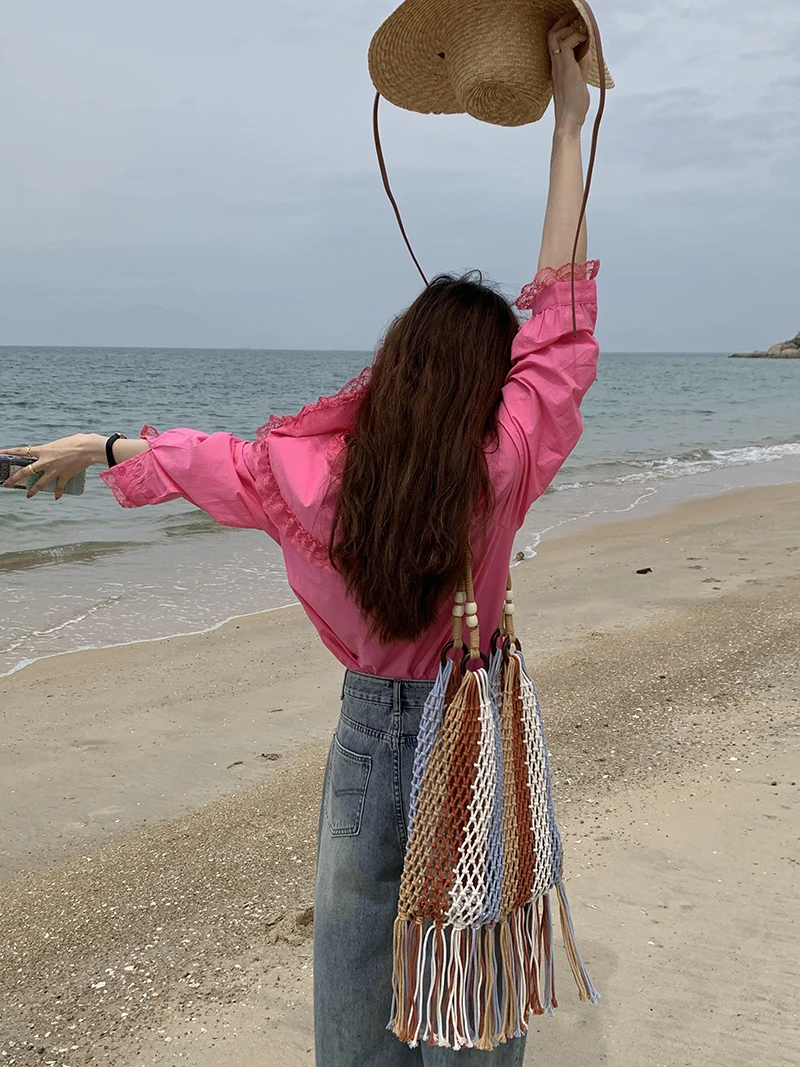 Designer Braided crochet net bag Women Casual Woven summer Travel woven beach bucket tote bag purse 2022 new Handbag