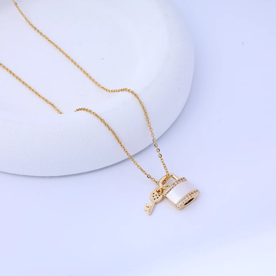 Diamond Heart Key Lock Pendant Necklace with Chain