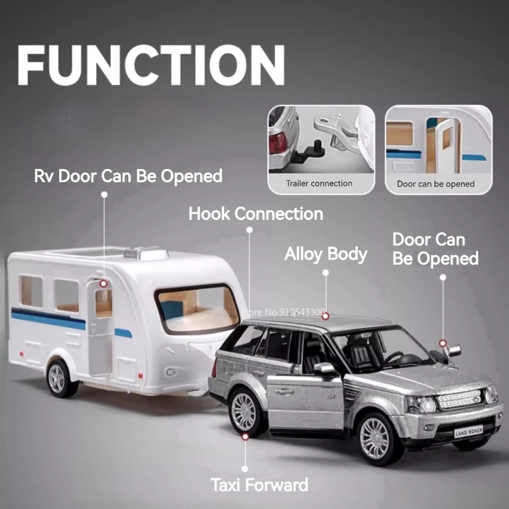 Alloy Diecast Land Rover and RV Caravan Toy Set with Opening Doors