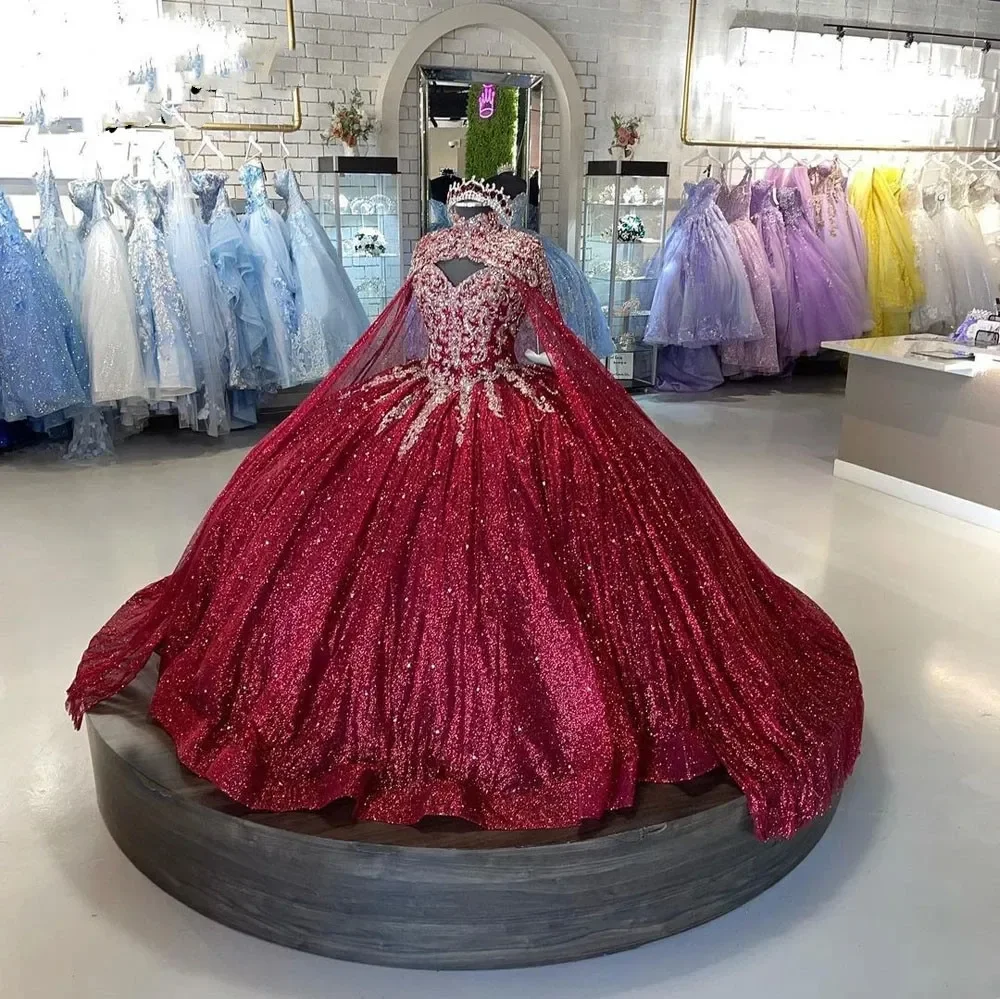 

Блестящее винно-красное платье Quinceanera с накидкой, бальное платье, милое кружевное платье с бисером, искусственное платье принцессы 16 дюймов, корсет на спине