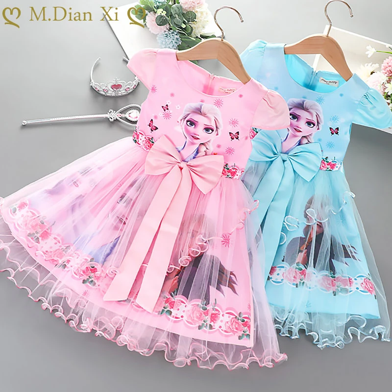 Summer Kids Girls Clothes Pretty Dresses Cartoon Frozen Elsa Anna Princess Party Costume Vestidos Bow Tie Outfits Clothing 2-7Y top Dresses