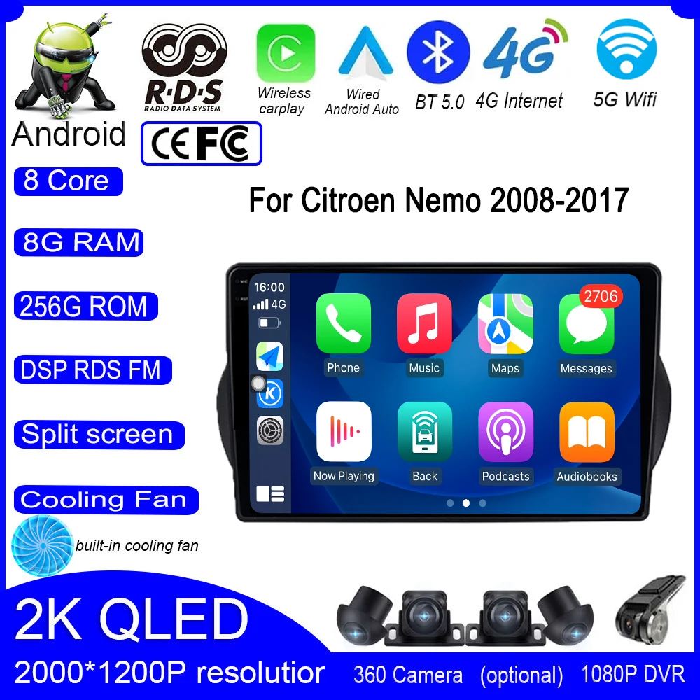 

For Citroen Nemo 2008-2017 Android 13 Car IPS QLED GPS Radio Video Autoradio 4G WIFI Stereo Multimedia Carplay Navigation