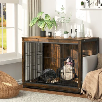 Large Elevated Dog Crate Wooden Dog Kennel Cage Pet House End Table with Double Door and Removable Tray Rustic Furniture Indoor 2