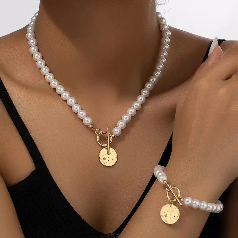 Elegant Simulated-Pearl Heart Necklace Bracelet Jewelry Set for Women Delicate Statement Beads Chain Wedding Party Jewelry Gifts