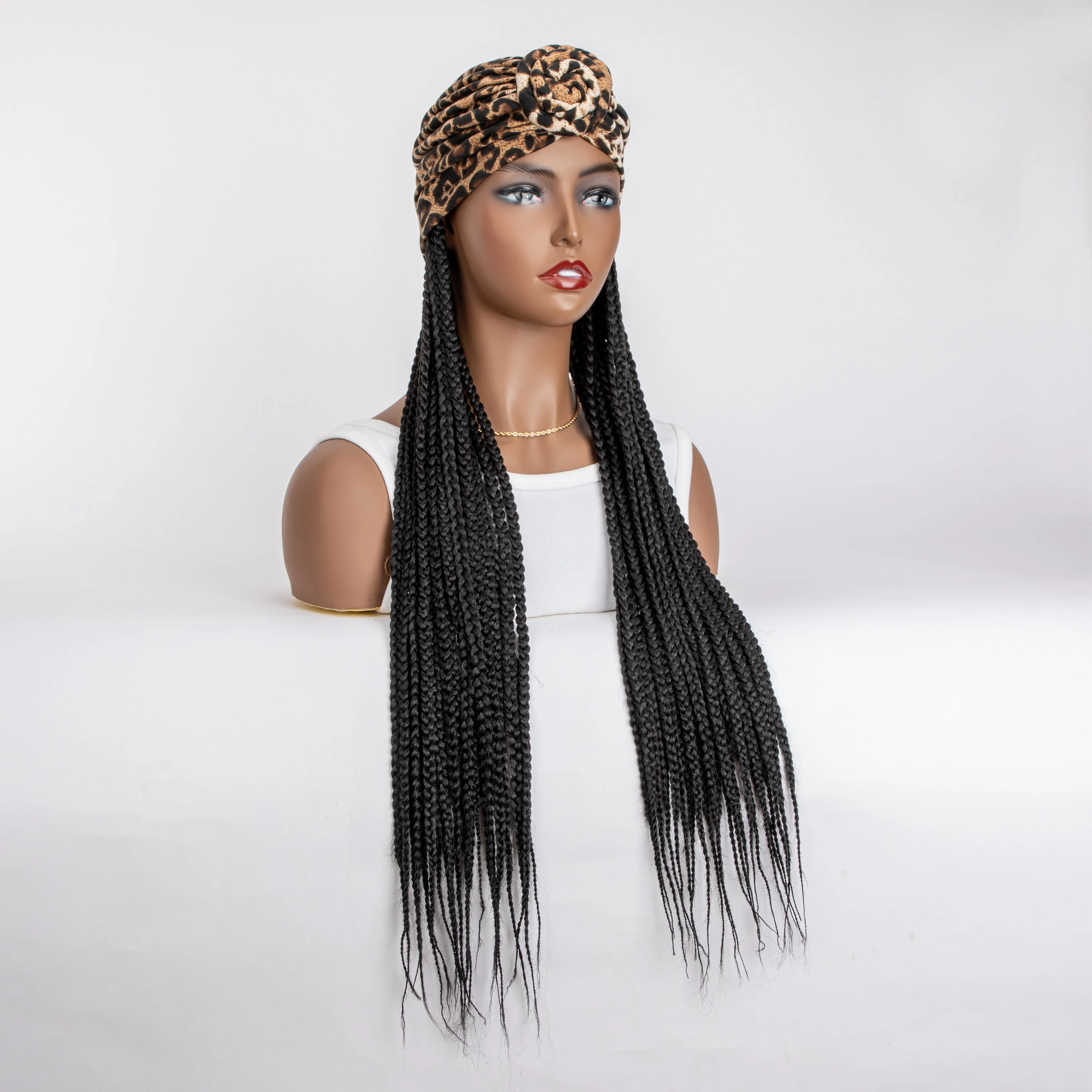 WIGERA Leopard Print Headband Long Braided Synthetic Wig with Turban Hat Box Braiding Hair Extensions Head Scarf Easy Hairstyle