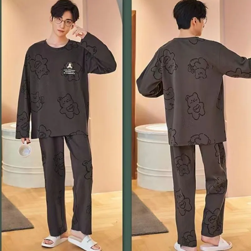 Men Spring Pajamas Long Sleeve Pajamas Plus Size Round Collar Home Wear Loose Casual Pyjamas Milk Silk Screen Print Nightdress