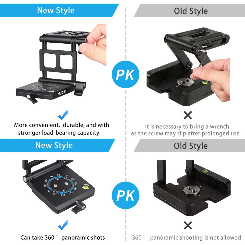 ARTCISE ZH10 Upgraded Z-Flex Tilt Folading Aluminum Alloy 360&deg; Panoramic Tripod Head with 2 Adjust Knob for DSLR Camera Load 3kg