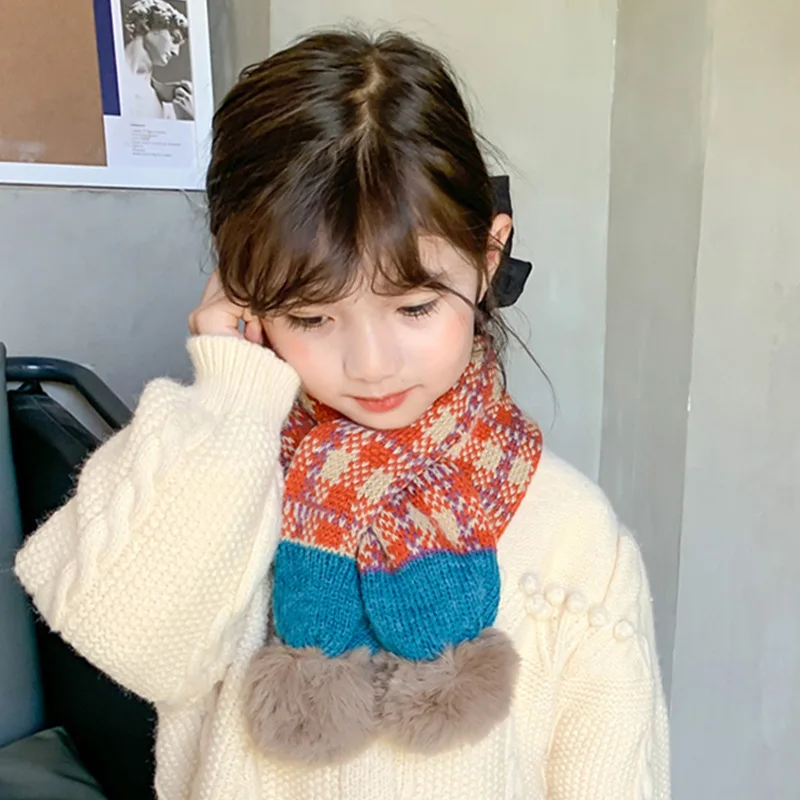 Fashion Checkered Knitted Children's Scarf Winter Warm Windproof Cute Boys and Girls Neck Cover Scarves Clothing Accessories