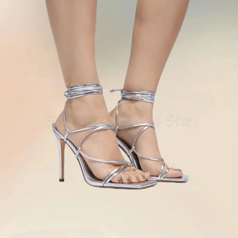 

Silver Open Toe Hollow Design Strappy Sandals Lace Up Women Shoes Thin High Heels Fashion Party Banquet 2024 Zapatos Para Mujere