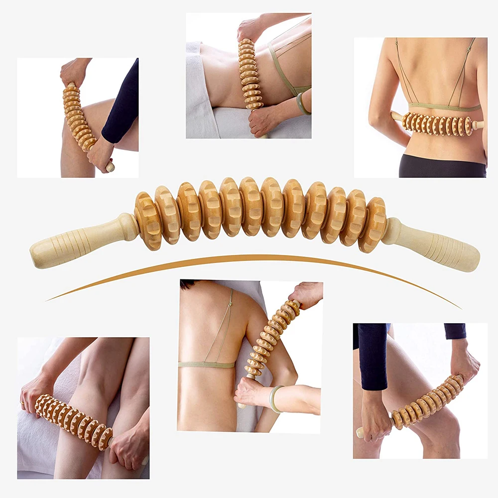 Curved 12-Wheel Wood Therapy Roller Stick for Lymphatic Drainage and Massage