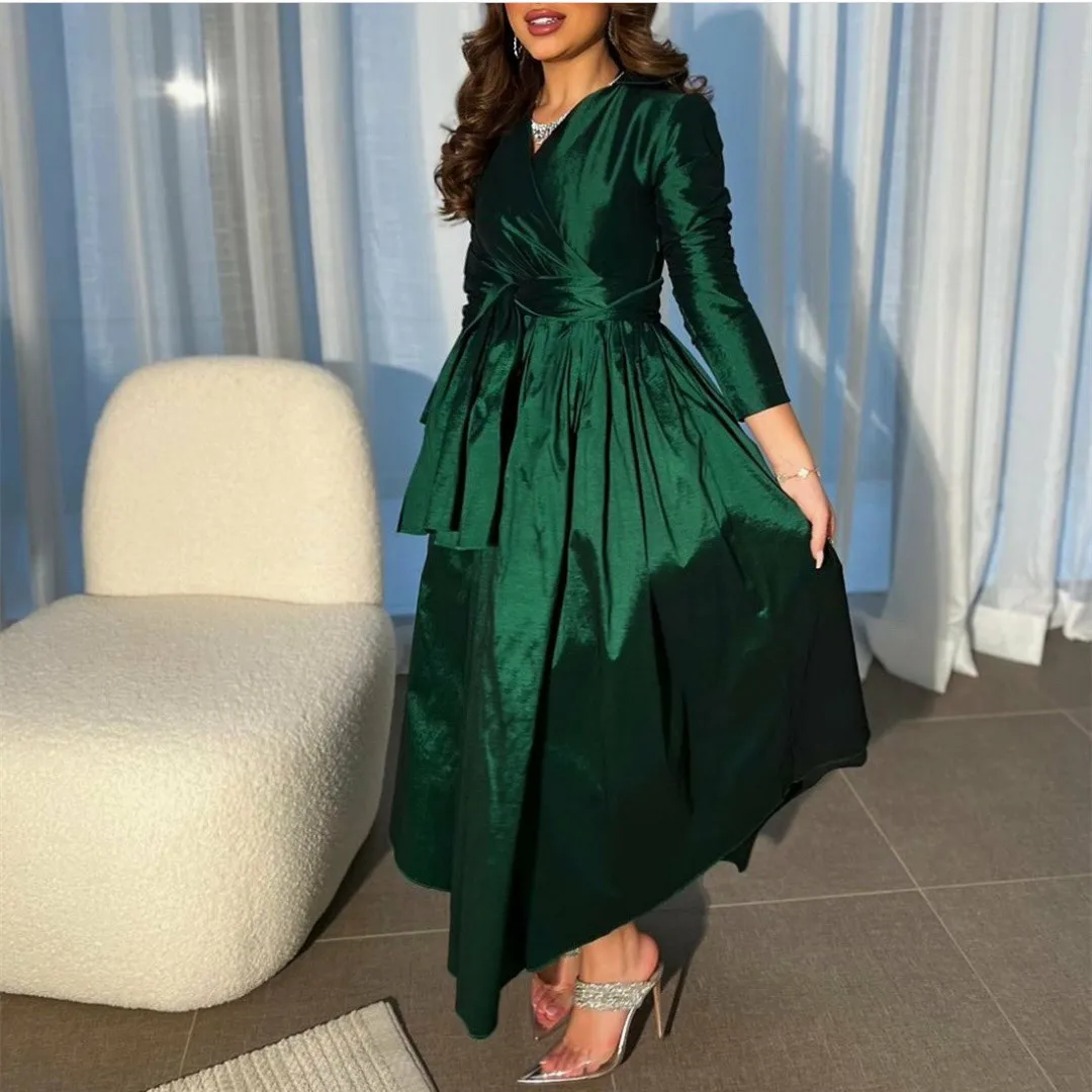 

Elegant Short Taffeta Green Evening Dresses A-Line V-Neck Pleated Ankle Length إفننغ دريسس Robes de Soirée for Women